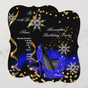 Glitter Royal Blue High Heels Black Birthday Party Invitation