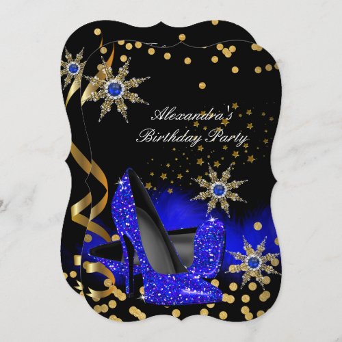 Glitter Royal Blue High Heels Black Birthday Party Invitation