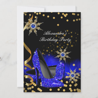 Glitter Royal Blue High Heels Black Birthday Party Invitation