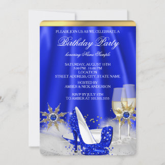 Glitter Royal Blue High Heels Gold Champagne Party Invitation