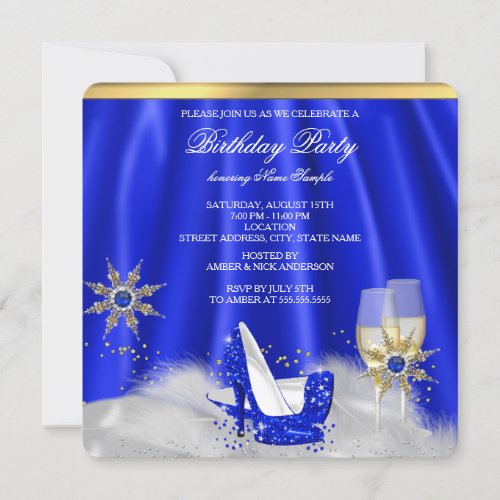 Glitter Royal Blue High Heels Gold Champagne Party Invitation