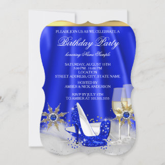 Glitter Royal Blue High Heels Gold Champagne Party Invitation