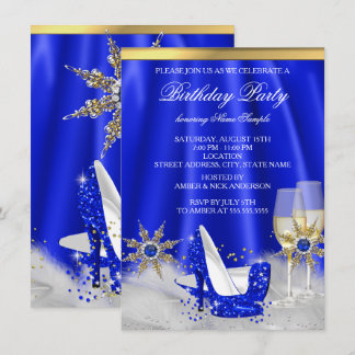 Glitter Royal Blue High Heels Gold Champagne Party Invitation