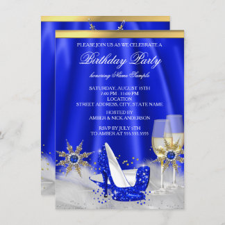 Glitter Royal Blue High Heels Gold Champagne Party Invitation