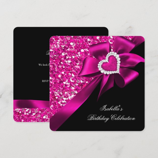Glitter Royal Hot Pink Heart Bow Black Party Invitation (Front/Back)