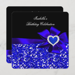 Glitter Royal Royal Blue Heart Bow Black Party Invitation