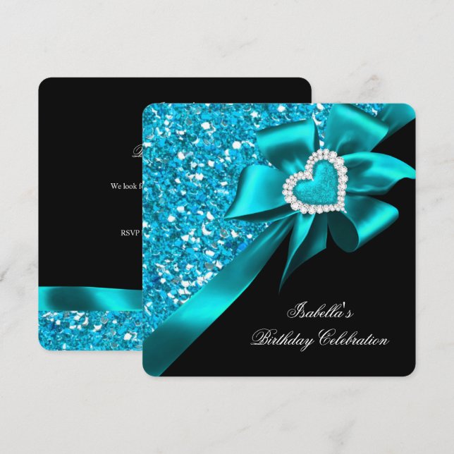 Glitter Royal Teal Blue Heart Bow Black Party Invitation (Front/Back)