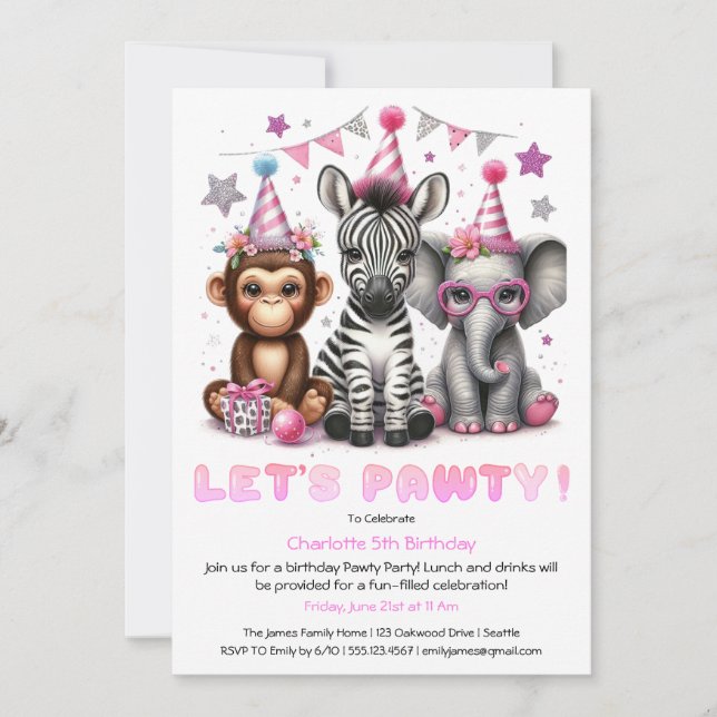 Glitter Safari Birthday Invitation Cute Monkey (Front)