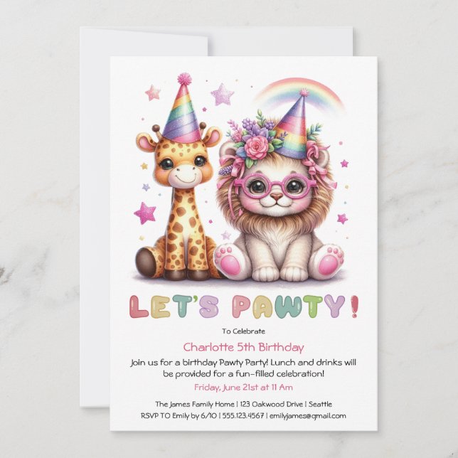 Glitter Safari Birthday party Cute Lion & Giraffe Invitation (Front)