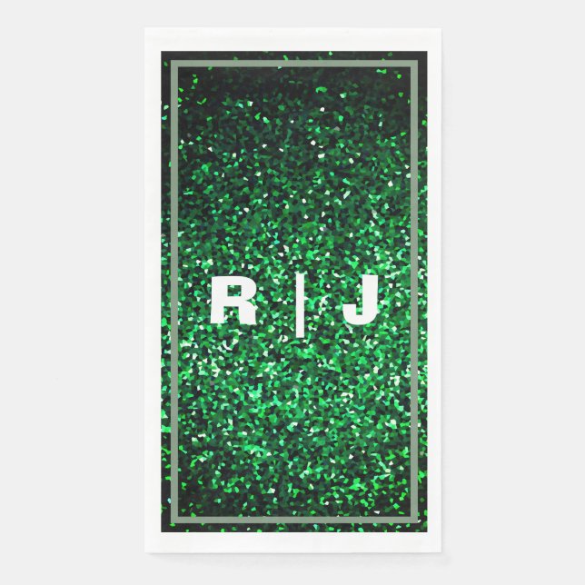 Glitter Sage Green Edge Emerald Monogram Wedding Paper Guest Towels (Front)