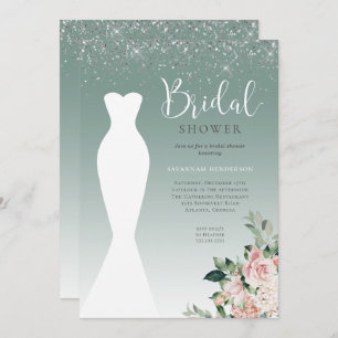 Glitter Sage Green Wedding Dress Bridal Shower Invitation