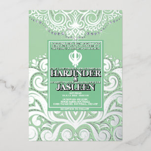 Glitter Sage SIlver Gold Sikh Anand Karaj Wedding Foil Invitation
