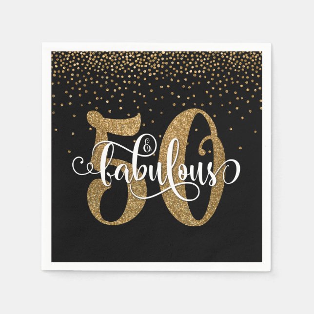 Glitter & Script 50 & Fabulous, Black Birthday Napkins (Front)