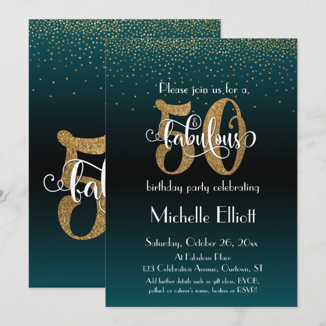 Glitter & Script 50 & Fabulous Black + Teal Ombre Invitation (Front/Back)