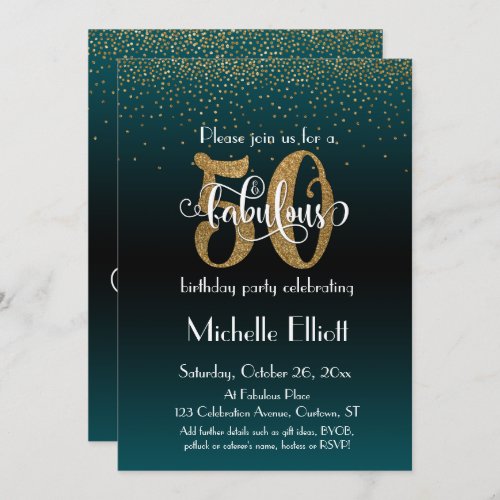 Glitter  Script 50  Fabulous Black  Teal Ombre Invitation