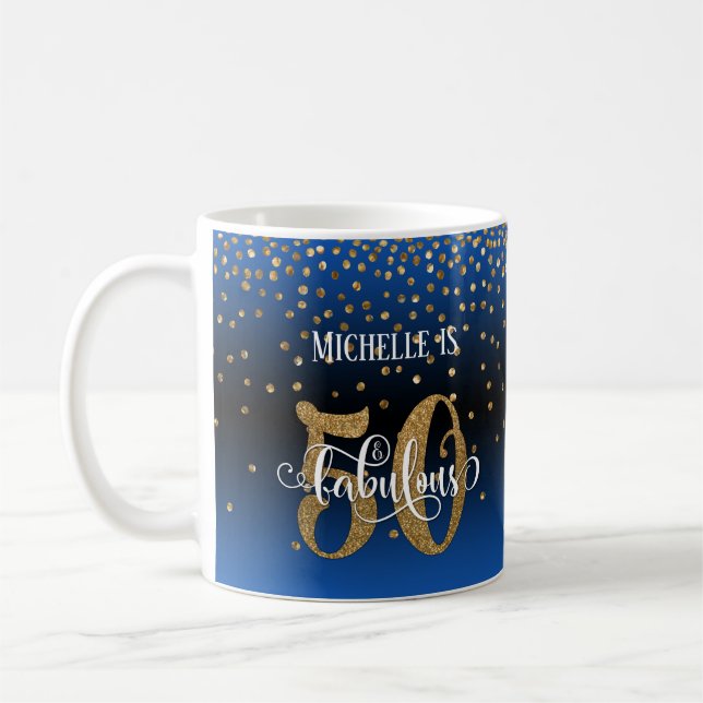 Glitter & Script 50 & Fabulous, Blue Black Ombre Coffee Mug (Left)