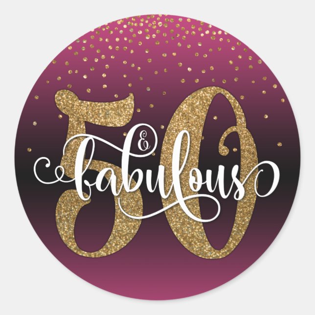 Glitter & Script 50 & Fabulous, Hot Pink Birthday Classic Round Sticker (Front)