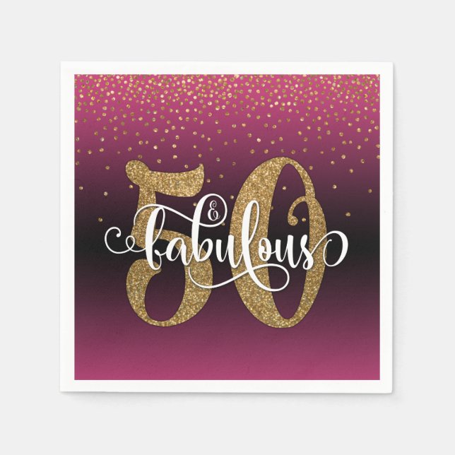 Glitter & Script 50 & Fabulous, Hot Pink Birthday Napkins (Front)