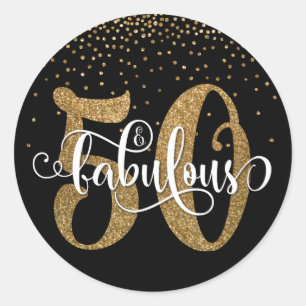 Glitter & Script 50 & Fabulous on Black, Birthday Classic Round Sticker