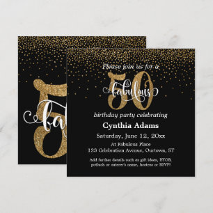 Glitter & Script 50 & Fabulous on Black, Birthday Invitation