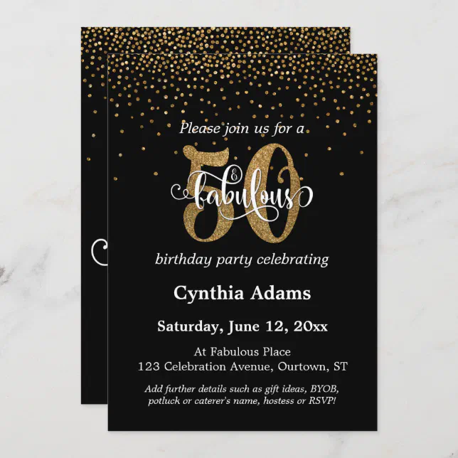 Glitter & Script 50 & Fabulous on Black, Birthday Invitation | Zazzle