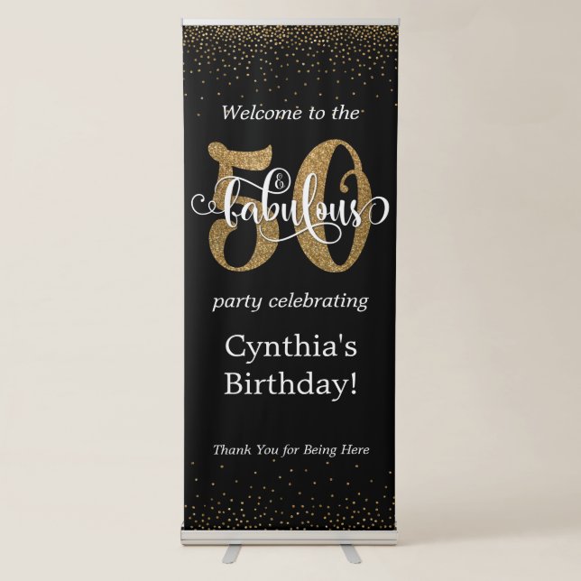 Glitter & Script 50 & Fabulous on Black, Birthday Retractable Banner (Front)
