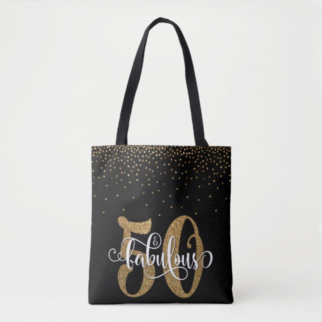 Glitter & Script 50 & Fabulous on Black, Birthday Tote Bag (Front)
