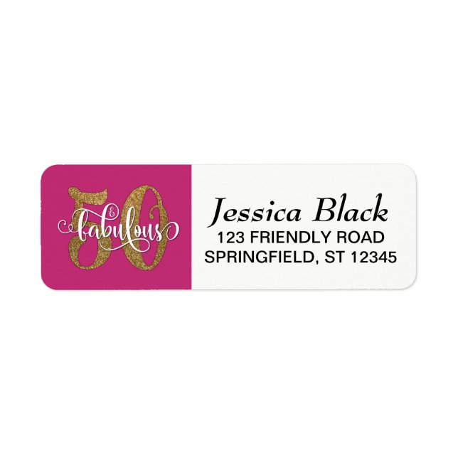 Glitter, Script 50 & Fabulous on Hot Pink Birthday Label (Front)