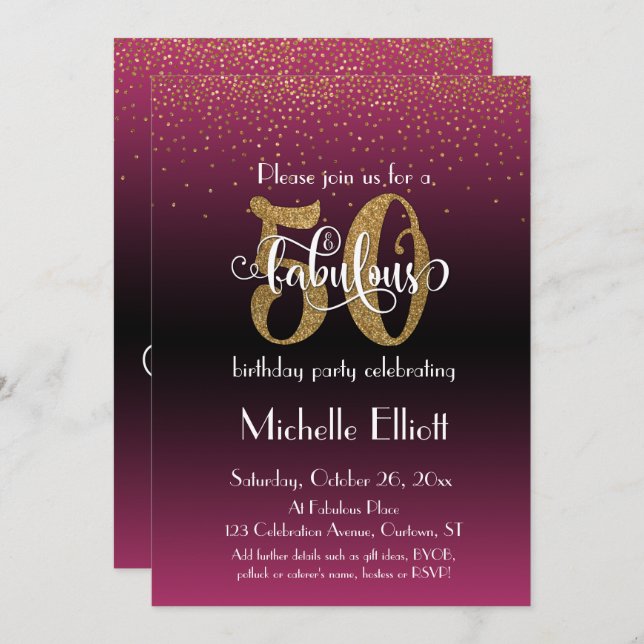 Glitter & Script 50 & Fabulous on Hot Pink Ombre Invitation (Front/Back)
