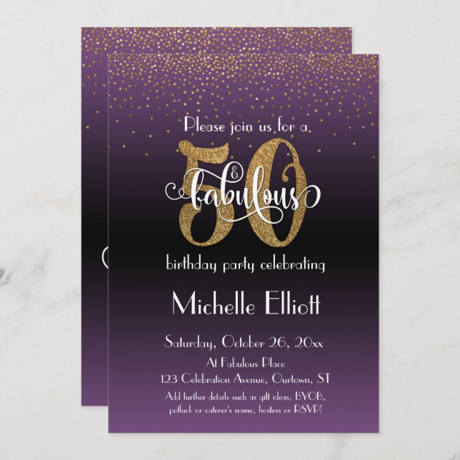 Glitter & Script 50 & Fabulous on Purple Ombre Invitation (Front/Back)