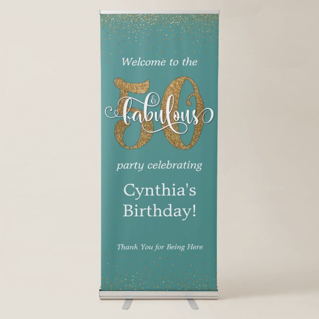 Glitter & Script 50 & Fabulous on Teal, Birthday Retractable Banner (Front)