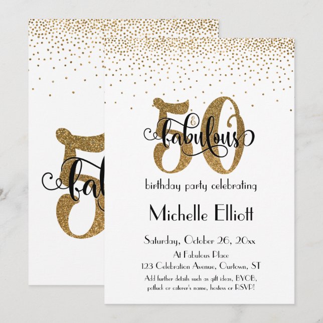 Glitter & Script 50 & Fabulous on White, Birthday Invitation (Front/Back)