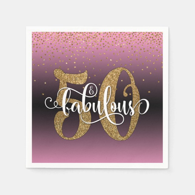 Glitter & Script 50 & Fabulous, Pink Birthday Napkins (Front)