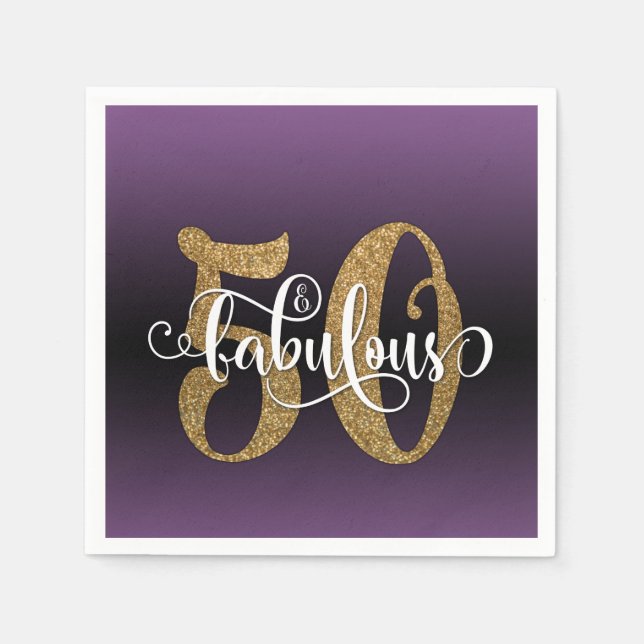 Glitter & Script 50 & Fabulous, Purple Birthday Napkins (Front)