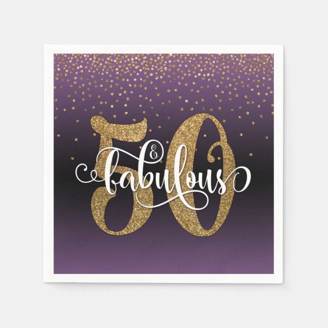 Glitter & Script 50 & Fabulous, Purple Black Ombre Napkins (Front)
