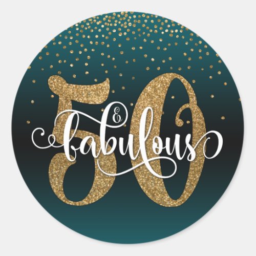 Glitter  Script 50  Fabulous Teal Birthday Classic Round Sticker