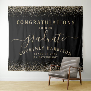 Glitter Script Calligraphy Graduation   Black Gold Tapestry
