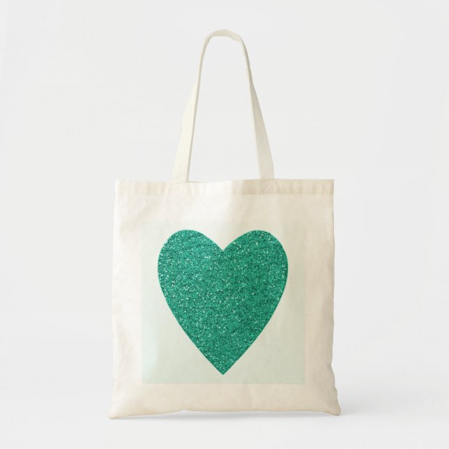 Glitter Sea Green Heart Wedding Tote Bag (Front)