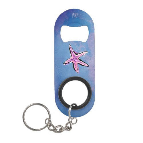   Glitter Sea Shell  Star Fish Blue Watercolor Keychain Bottle Opener