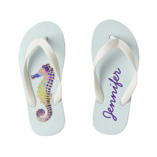 Glitter Seahorse, blue, gold Kid's Flip Flops