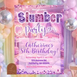 Glitter Sequin Pink Purple Sleepover Party Invitation