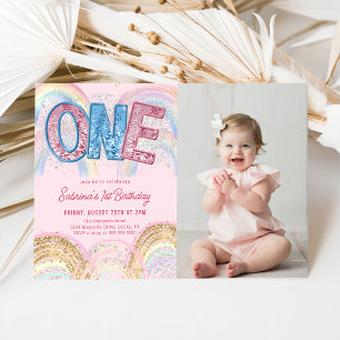 Glitter Sequin Rainbow 1st Birthday Photo Invitation