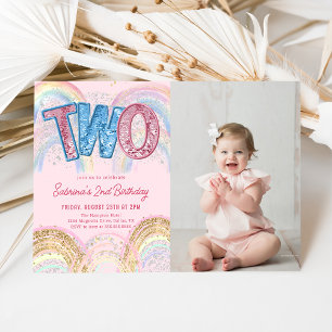 Glitter Sequin Rainbow 2nd Birthday Photo Invitation