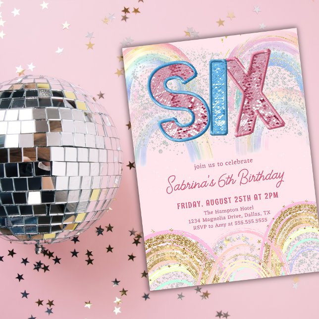 Glitter Sequin Rainbow 6th Birthday Invitation (Creator Uploaded)
