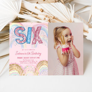 Glitter Sequin Rainbow 6th Birthday Photo Invitation