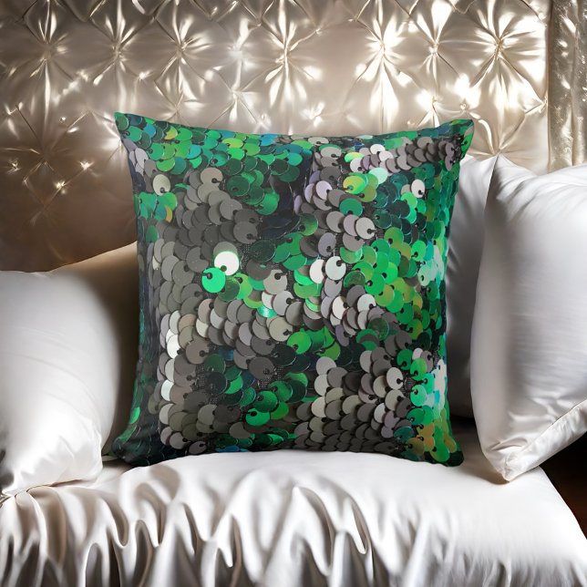 Glitter sequins green gray sparkle black glam throw pillow (Creator Uploaded)