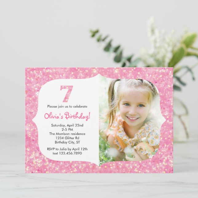 Glitter Seventh Birthday Invitation (Standing Front)