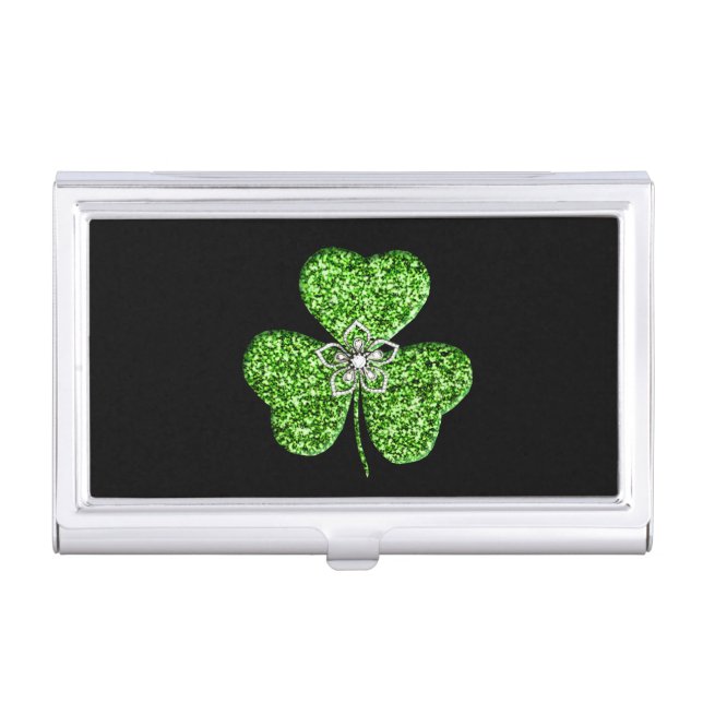 Glitter Shamrock And Flower Business Card Holder (Front)
