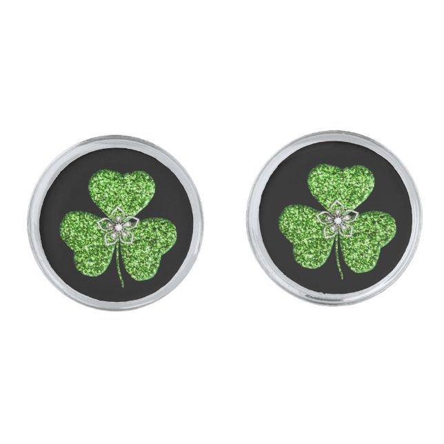 Glitter Shamrock And Flower Cufflinks (Front)