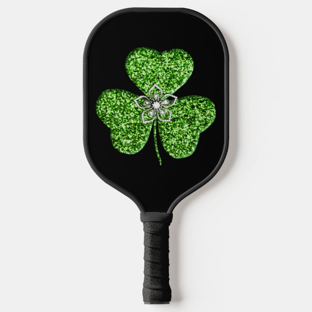 Glitter Shamrock And Flower Pickleball Paddle (Front)